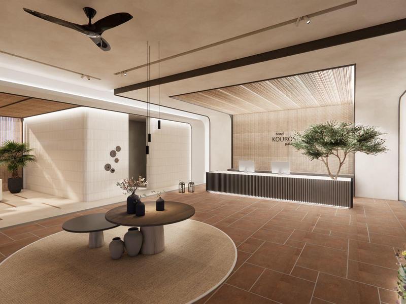 Área de salón de hotel moderna y elegante con asientos cómodos y decoración con estilo.