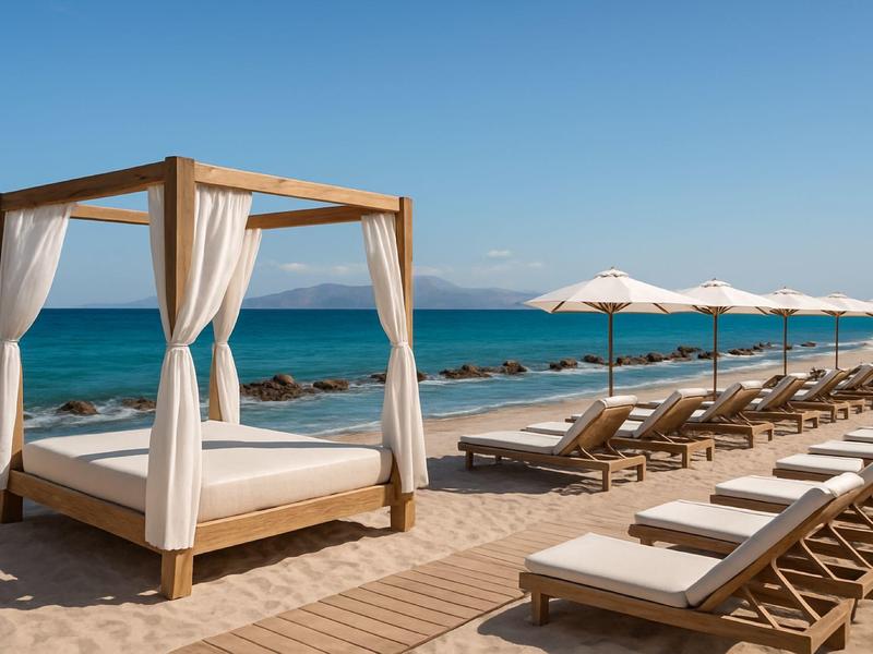 Cama de playa de lujo y tumbonas con sombrillas junto al mar bajo un cielo despejado