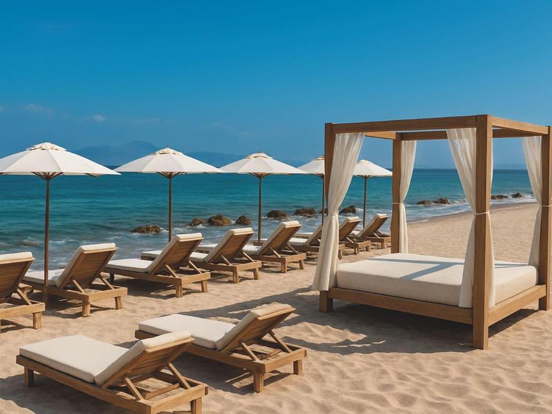 Zona lounge en la playa con tumbonas sombreadas y cama con dosel junto al mar tranquilo.