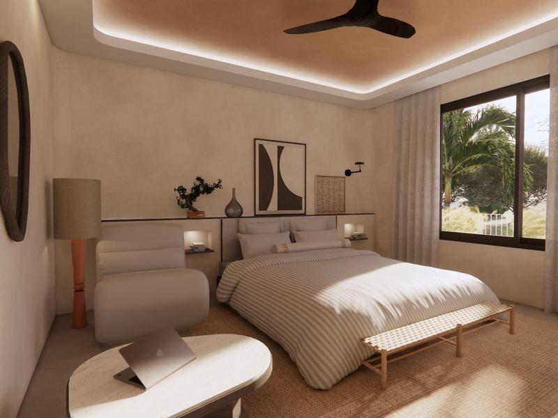 Dormitorio luminoso con cama doble, arte moderno, ventana con vista a palmeras y ventilador de techo.