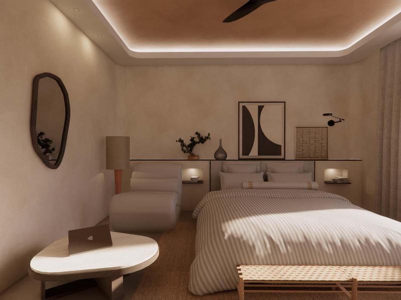 Dormitorio moderno con cama doble, decoración clara y ventana grande con vistas al verde.