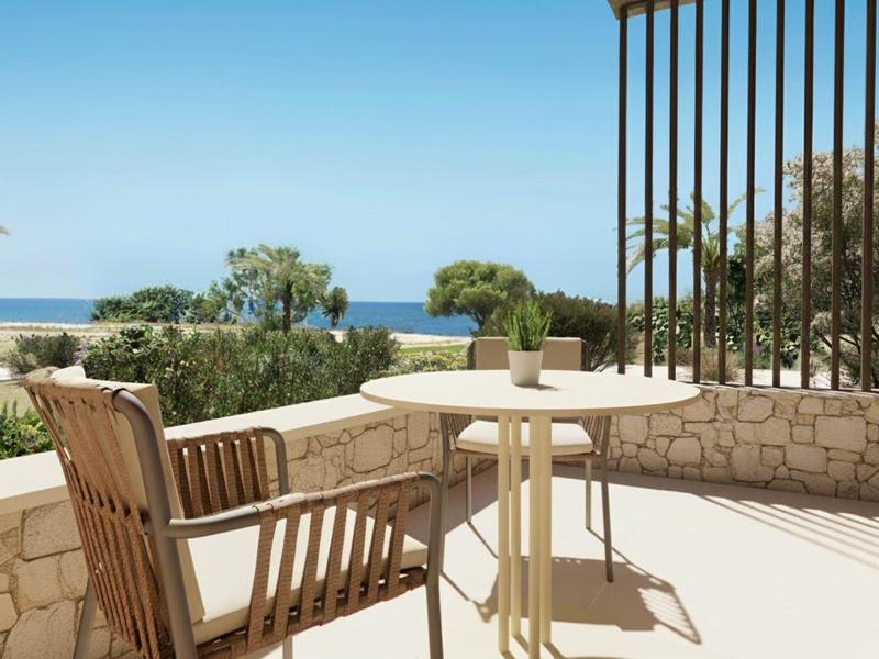 Terraza con mesa y silla de madera con vista al mar y palmeras.