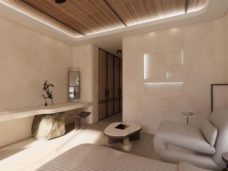 Habitación de hotel moderna con colores neutros, techo de madera y mobiliario minimalista.