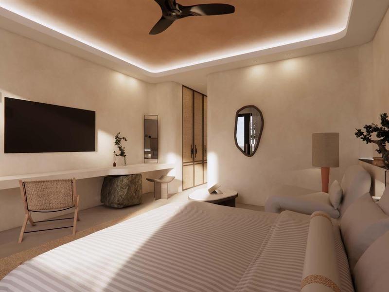 Dormitorio moderno con cama doble, TV en la pared, ventilador de techo y luz cálida.