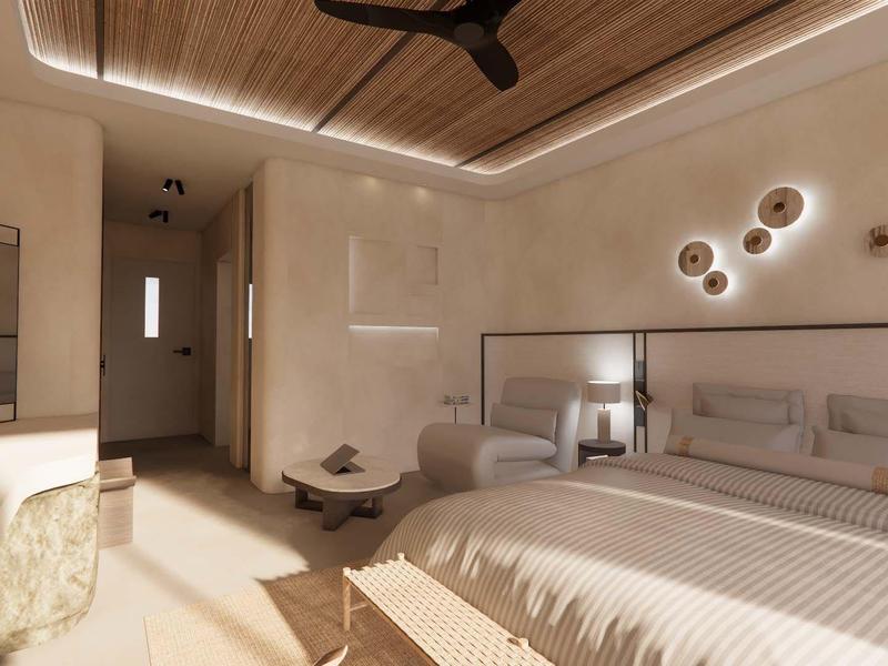 Dormitorio moderno con muebles de madera clara, ventilador de techo y luz suave en la pared.