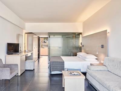 Camera d'hotel moderna con letto matrimoniale, divano, TV e parete in vetro verso il bagno.