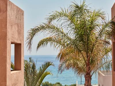 Vista di palme e mare tra due edifici rosa in una struttura alberghiera soleggiata.
