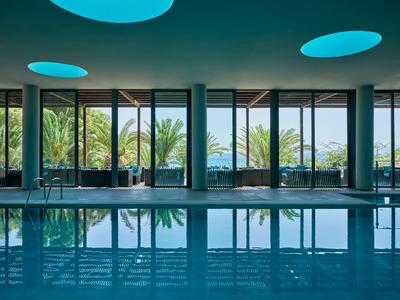 Piscina interna con vista su palme e montagne attraverso grandi finestre di un hotel.