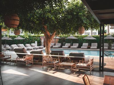 Sommerszene an einem Hotelpool mit Sitzbereichen und Liegestühlen unter Bäumen.