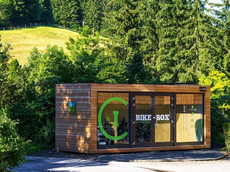 Moderner Holzkiosk mit "Bike Box" Aufschrift, umgeben von grünen Bäumen und Wiese im Hintergrund.