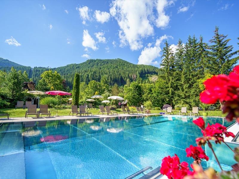 Blauer Pool mit Gartenliegen, roten Blumen im Vordergrund und grünen Bergen unter blauem Himmel.