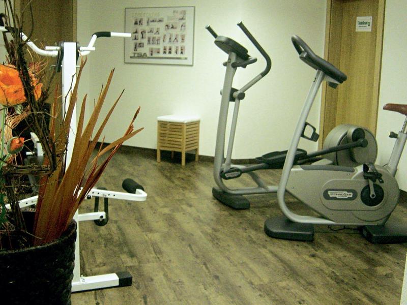 Small gym with two exercise bikes, an elliptical trainer, wooden floor, and plants.