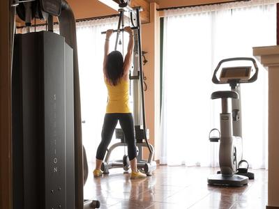 Fitnessraum mit modernen Geräten vor großen Fenstern und Holzdecken.
