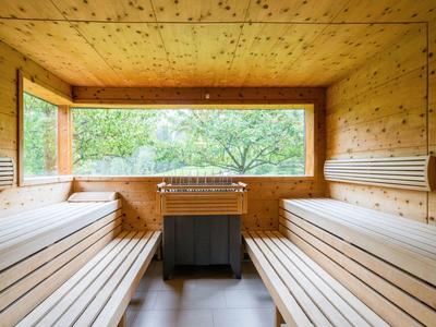 Bright sauna with wooden walls, two long benches, and a large window overlooking trees.