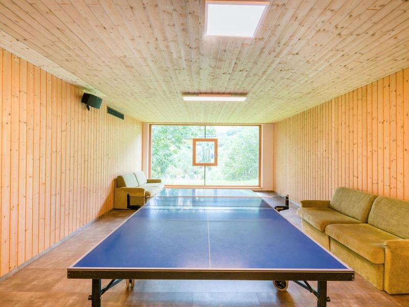 Bright room with wood paneling, ping pong table, and comfortable sofas by large window.