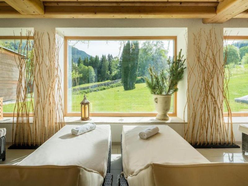 Bright treatment room with two beds, large windows, and view of green landscape.