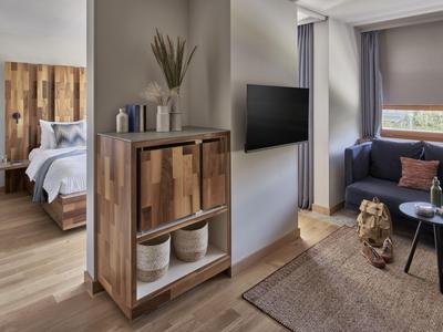 Modern eingerichteter Hotelraum mit Schlafbereich, Wohnzimmer und Holzmöbeln.