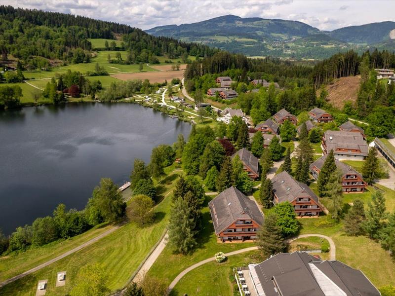 Luchtfoto van een rustig gelegen vakantiepark met meer, bossen en bergen op de achtergrond.