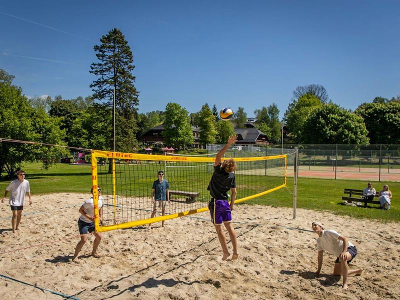 Kinderen spelen volleybal op een zandveld in een zonnig park.
