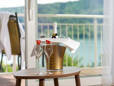 Sektflasche im Eisbehälter mit zwei Gläsern auf Tisch vor Balkon mit Wasserblick.