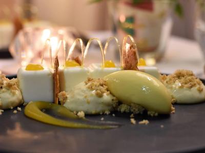 Elegantes Dessert mit weißer Creme, angeordneten Bögen und Fruchtpüree auf dunklem Teller.