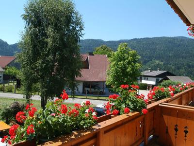 Balkon mit roten Blumen und Blick auf grüne Berge und Häuser in einem Feriengebiet.