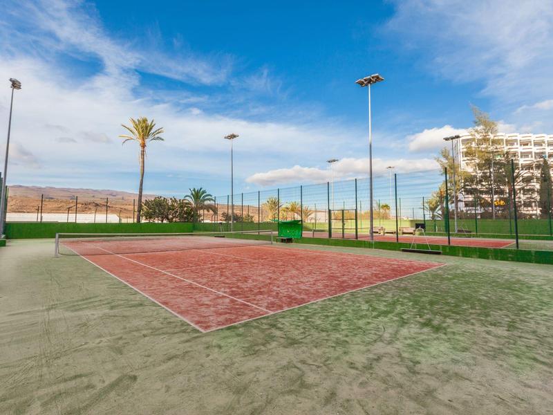 Pista de tenis al aire libre con cielo azul y palmeras en un complejo turístico bajo luz diurna.