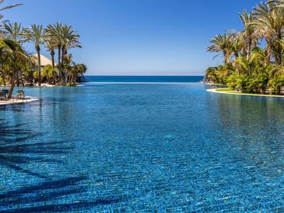 Großer Infinity-Pool mit klarem blauem Wasser und Palmen unter blauem Himmel.