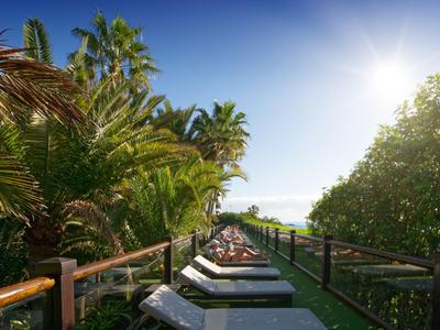 Lettini al sole lungo un sentiero in un resort tropicale con palme e cielo azzurro.