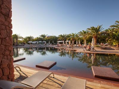 Pool mit Liegestühlen und Palmen in einem sonnigen Hotelresort.