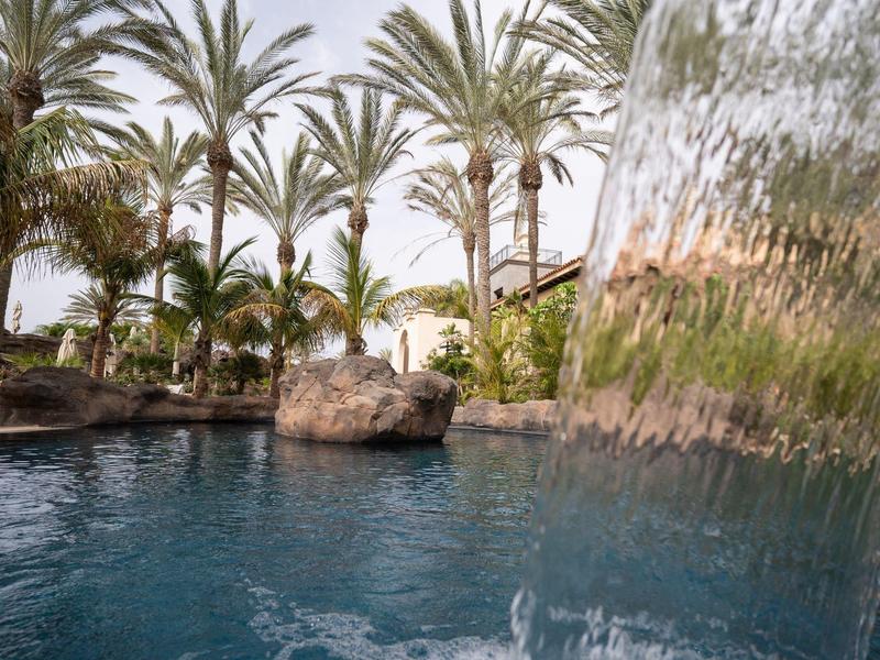 Cascade près de la piscine avec palmiers et rochers dans un jardin d'hôtel tropical