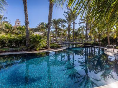 Pool mit klarem blauem Wasser umgeben von Palmen in tropischem Hotelgarten
