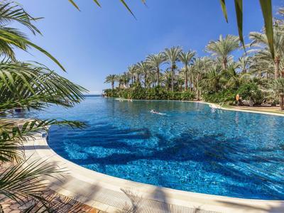 Großer, runder Pool mit türkisblauem Wasser, umgeben von Palmen und klarem Himmel.