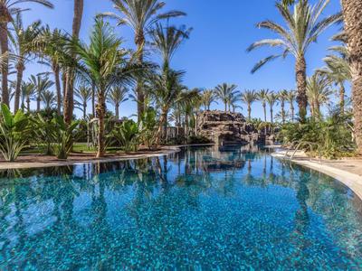 Tropischer Pool mit Palmen und klarem blauem Wasser unter strahlend blauem Himmel.