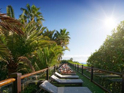 Sunlit pool area with lounge chairs and palm trees in a tropical hotel garden.