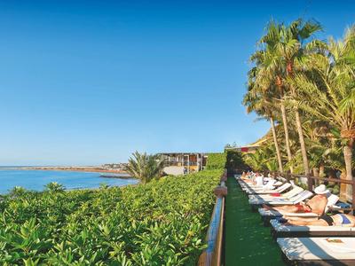 Zonneplatforms met ligstoelen naast palmbomen met uitzicht op de zee.