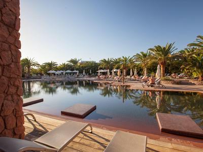 Piscina all'aperto circondata da palme con lettini e muri di pietra rossa.