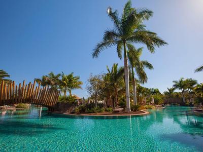 Resort pool surrounded by palm trees and clear blue water under a bright sky.