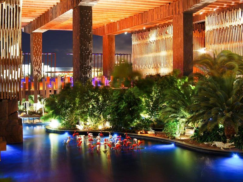 Terrazza di un hotel di lusso con illuminazione blu notturna e vegetazione tropicale rigogliosa.