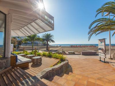 Terrasse ensoleillée en bord de mer avec des palmiers et vue sur l'océan sous un ciel bleu clair.