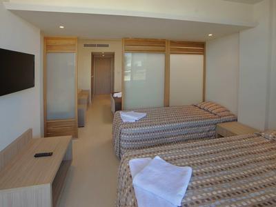 Ein schlichtes Hotelzimmer mit zwei Einzelbetten, Fernseher an der Wand und Holzmöbeln.