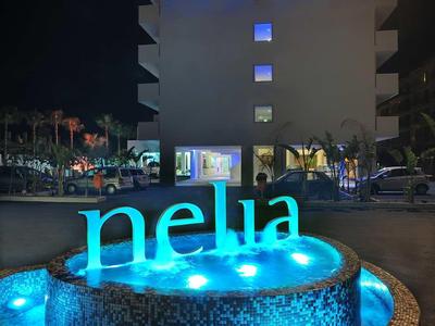 Beleuchtetes rundes Wasserspiel mit blauem "nelia"-Schriftzug vor dunklem Hotelgebäude bei Nacht.