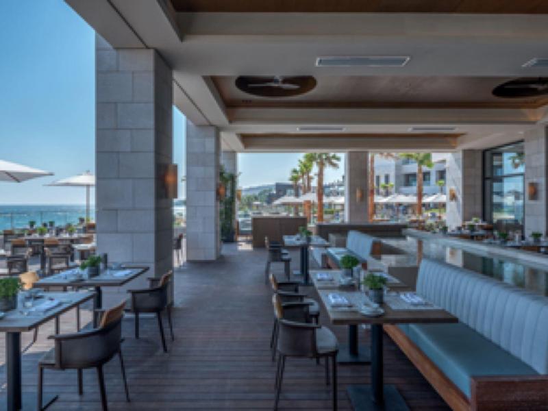 Moderner, offener Restaurantbereich mit Tischen, Stühlen, Baumdekoration und Blick aufs Meer.