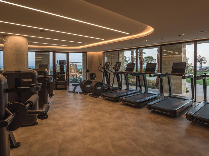 Moderner Fitnessraum mit Laufbändern, Kraftgeräten und großem Panoramafenster zur Außenansicht.