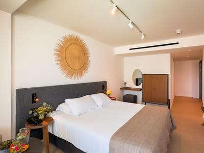 Modern hotel room with double bed, dresser, vanity table, and natural decoration