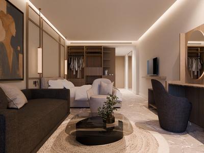 Modern eingerichtetes Hotelzimmer mit Sitzbereich, offenem Schrank und TV.