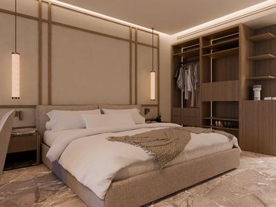 Modernes Schlafzimmer mit großem Bett und offenem Kleiderschrank in warmen Holztönen.