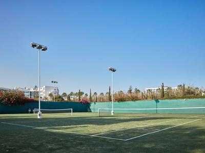 Leerer Tennisplatz mit grünem Boden und blauem Himmel, umgeben von Bäumen und Gebäuden.