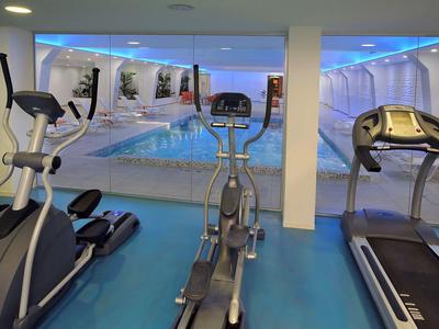 Modern gym with treadmill, elliptical, and view of an indoor swimming pool.
