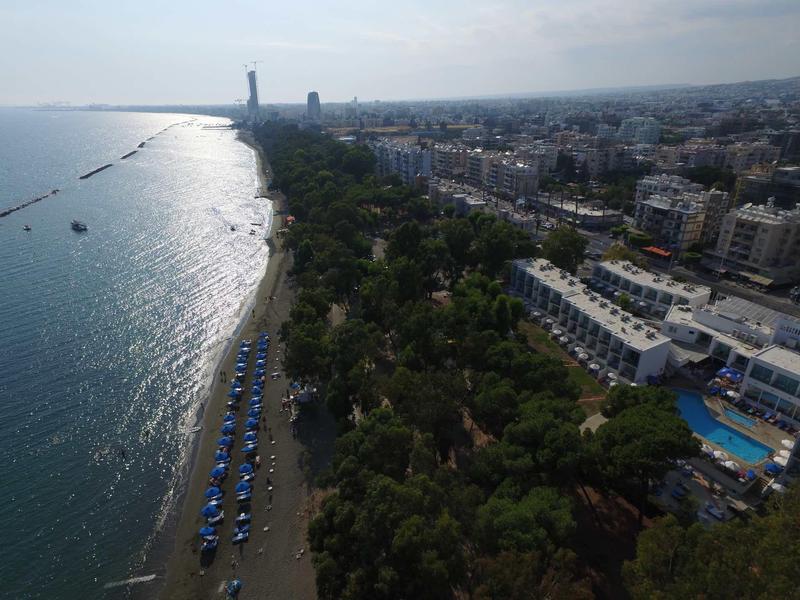 Langer Sandstrand mit blauen Sonnenschirmen, dahinter dichte grüne Bäume und städtische Gebäude.